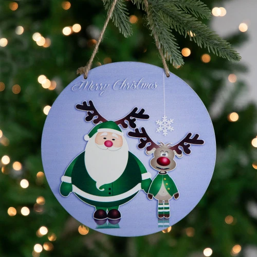 Northlight 8" Blue And Green Santa And Reindeer "Merry Christmas" Disc Ornament 4 Northlight 8" Blue And Green Santa And Reindeer "Merry Christmas" Disc Ornament - Image 2