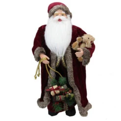 24" Burgundy Santa Claus With Teddy Bear Christmas Figure