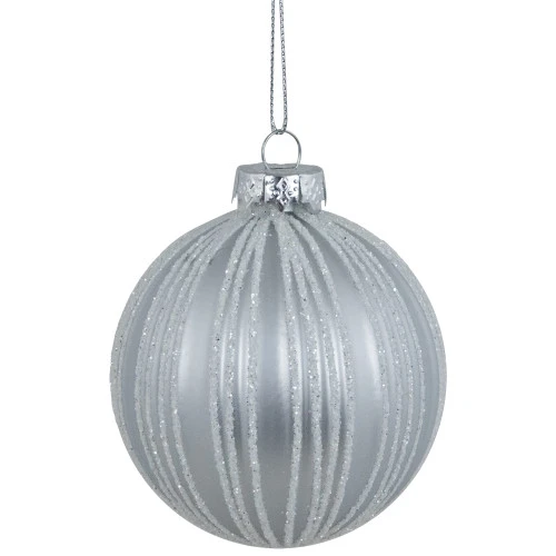 Northlight 4ct Silver And White Glitter Striped Glass Ball Christmas Ornaments 3" 3 Northlight 4ct Silver And White Glitter Striped Glass Ball Christmas Ornaments 3"