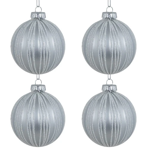 Northlight 4ct Silver And White Glitter Striped Glass Ball Christmas Ornaments 3" 7 Northlight 4ct Silver And White Glitter Striped Glass Ball Christmas Ornaments 3" - Image 5