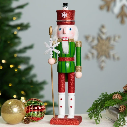 Northlight Glittered Nutcracker With Snowflake Scepter Christmas Figure - 15" - Red And Green 3 Northlight Glittered Nutcracker With Snowflake Scepter Christmas Figure - 15" - Red And Green