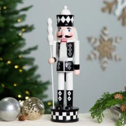 Northlight Checkered Nutcracker Soldier With Scepter Christmas Figure - 15" - Black And White