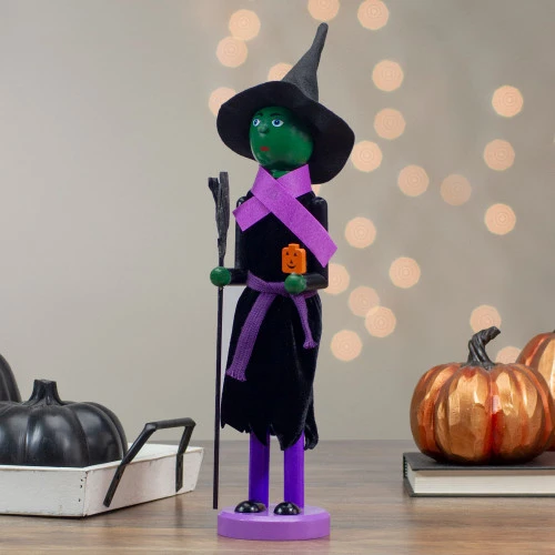 Witch Jack-O-Lantern Halloween Nutcracker With Broom - 14" - Black And Green 4 Witch Jack-O-Lantern Halloween Nutcracker With Broom - 14" - Black And Green - Image 2