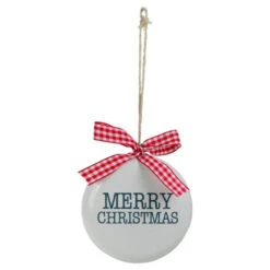 4.5" White And Red Merry Christmas Ornament With A Bow