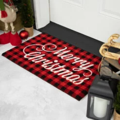 Red And Black Plaid "Merry Christmas" Natural Coir Christmas Outdoor Doormat 18" X 30" -Christmas Decor Sale northlight fw94657 styled2 25272.1693409623