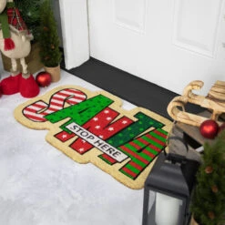 Northlight Red And Green "Santa Stop Here" Outdoor Christmas Doormat 18" X 30" -Christmas Decor Sale northlight fw94658 styled2 23530.1693409622
