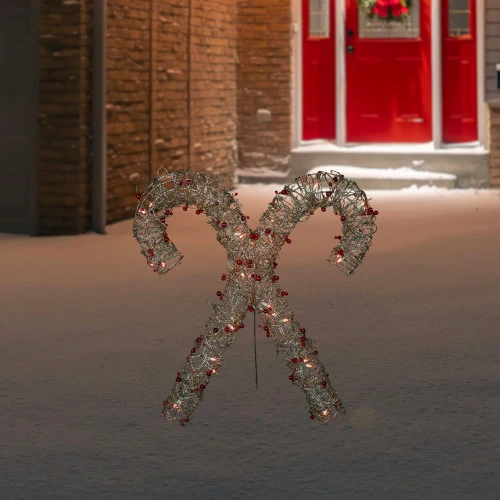 Northlight 25" Lighted Champagne Gold Glittered Rattan Double Candy Cane Christmas Outdoor Or Window Decoration 4 Northlight 25" Lighted Champagne Gold Glittered Rattan Double Candy Cane Christmas Outdoor Or Window Decoration - Image 2