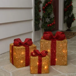 Northlight Set Of 3 Gold And Red Gift Boxes With Bows Lighted Christmas Outdoor Decorations -Christmas Decor Sale northlight h88863 3 33636.1665610744