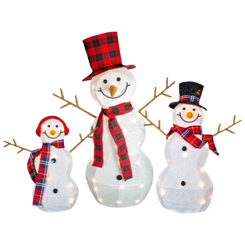 Northlight Lighted Tinsel Snowmen Family Christmas Outdoor Decorations - Clear Lights - Set Of 3 3 Northlight Lighted Tinsel Snowmen Family Christmas Outdoor Decorations - Clear Lights - Set Of 3