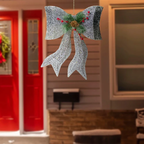 Northlight LED Lighted Gradient Mesh Bow Christmas Decoration - 22" - Silver Finish - Warm White 4 Northlight LED Lighted Gradient Mesh Bow Christmas Decoration - 22" - Silver Finish - Warm White - Image 2