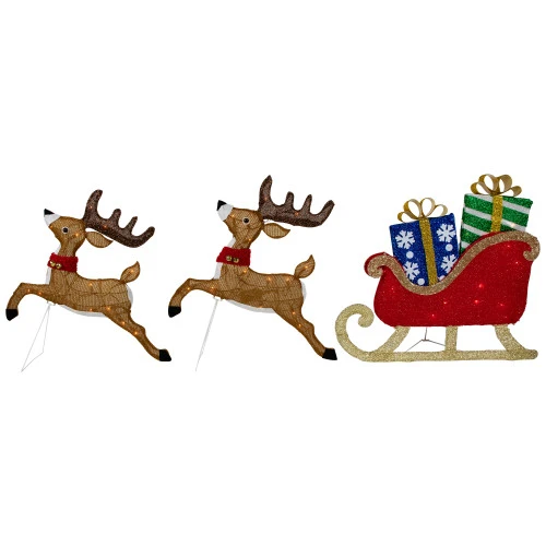 Northlight Set Of 3 Lighted Reindeer And Sleigh Outdoor Christmas Decoration 25.25" 3 Northlight Set Of 3 Lighted Reindeer And Sleigh Outdoor Christmas Decoration 25.25"
