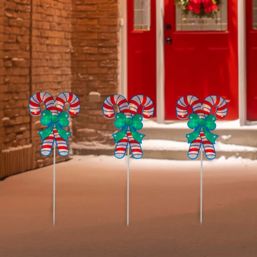 Set Of 3 Lighted Holographic Candy Cane Christmas Pathway Markers 25.5" 4 Set Of 3 Lighted Holographic Candy Cane Christmas Pathway Markers 25.5" - Image 2