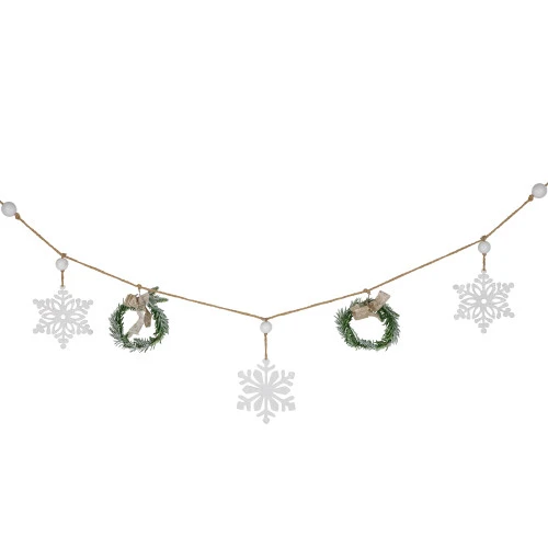 Northlight 4.75" Snowflake And Frosted Pine Christmas Garland With Wooden Beads - Unlit 3 Northlight 4.75" Snowflake And Frosted Pine Christmas Garland With Wooden Beads - Unlit