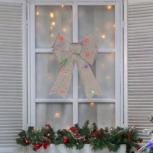 Northlight 16" LED Lighted Silver Burlap Bow Christmas Decoration With Color Changing Lights 4 Northlight 16" LED Lighted Silver Burlap Bow Christmas Decoration With Color Changing Lights - Image 2