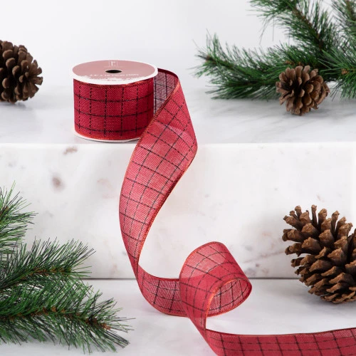 Northlight Red Woven Square Plaid Wired Craft Christmas Ribbon 2.5" X 10 Yards 4 Northlight Red Woven Square Plaid Wired Craft Christmas Ribbon 2.5" X 10 Yards - Image 2