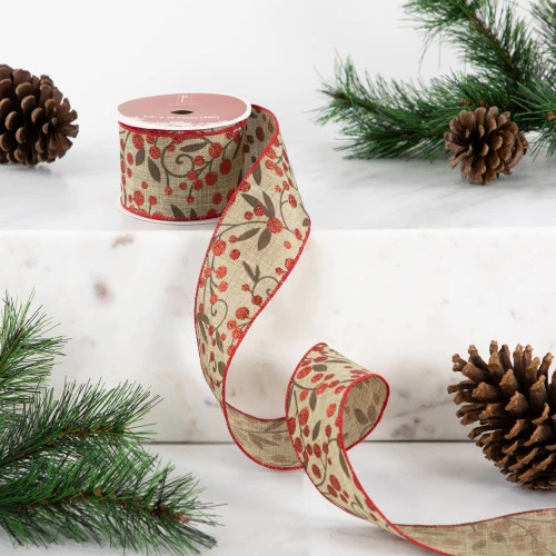 Northlight Red Berry Burlap Style Wired Craft Christmas Ribbon 2.5" X 10 Yards 4 Northlight Red Berry Burlap Style Wired Craft Christmas Ribbon 2.5" X 10 Yards - Image 2