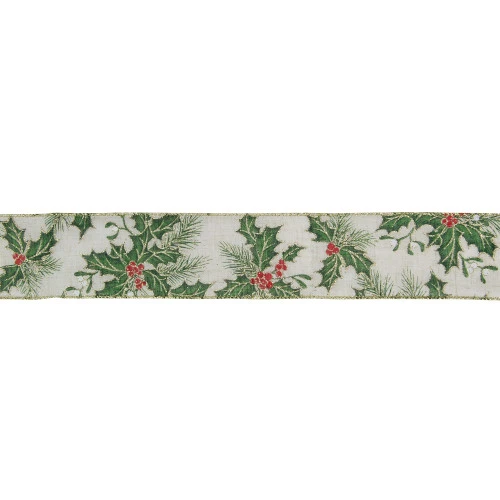 Ivory And Green Holly Leaves Christmas Wired Craft Ribbon 2.5" X 16 Yards 3 Ivory And Green Holly Leaves Christmas Wired Craft Ribbon 2.5" X 16 Yards