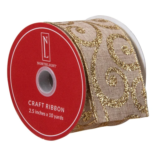 Northlight Burlap And Gold Scroll Christmas Wired Craft Ribbon 2.5" X 10 Yards 5 Northlight Burlap And Gold Scroll Christmas Wired Craft Ribbon 2.5" X 10 Yards - Image 3
