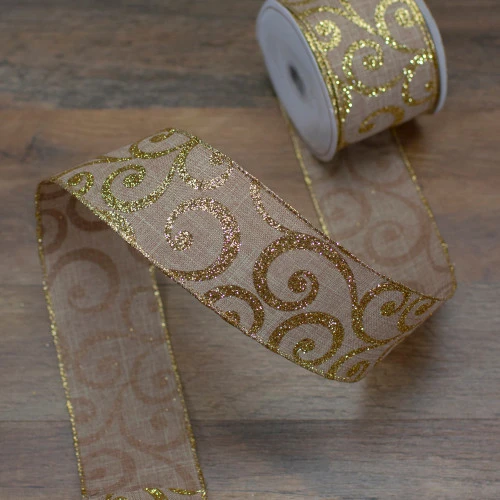 Northlight Burlap And Gold Scroll Christmas Wired Craft Ribbon 2.5" X 10 Yards 4 Northlight Burlap And Gold Scroll Christmas Wired Craft Ribbon 2.5" X 10 Yards - Image 2