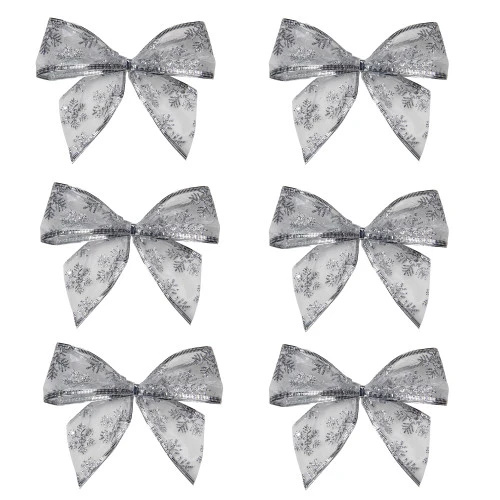 Northlight Sheer Snowflake 2-Loop Christmas Bow Decorations - 5.5" - Silver - Pack Of 6 3 Northlight Sheer Snowflake 2-Loop Christmas Bow Decorations - 5.5" - Silver - Pack Of 6