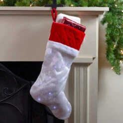 Northlight 22.25" LED Lighted White Iridescent Glittered Christmas Stocking With Red Cuff -Christmas Decor Sale northlight l27908 3 92110.1588389092