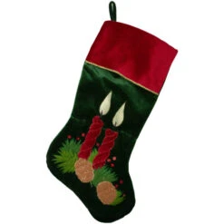 Northlight 20" Dark Green And Burgundy Candle And Pine Cone Velveteen Christmas Stocking