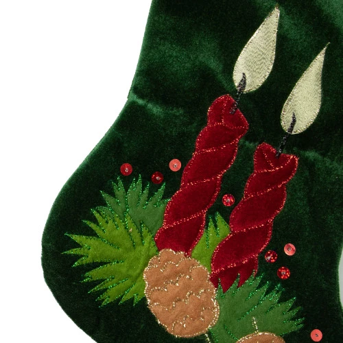 Northlight 20" Dark Green And Burgundy Candle And Pine Cone Velveteen Christmas Stocking 5 Northlight 20" Dark Green And Burgundy Candle And Pine Cone Velveteen Christmas Stocking - Image 3