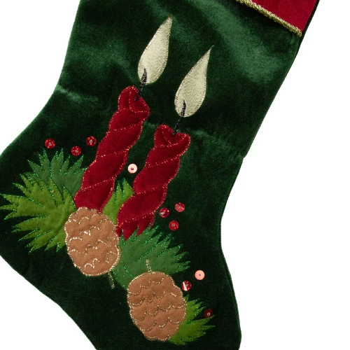Northlight 20" Dark Green And Burgundy Candle And Pine Cone Velveteen Christmas Stocking 6 Northlight 20" Dark Green And Burgundy Candle And Pine Cone Velveteen Christmas Stocking - Image 4