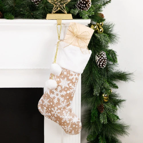 Northlight 20.5" Glittered Gold Christmas Stocking With Snowflakes And Pom Poms 4 Northlight 20.5" Glittered Gold Christmas Stocking With Snowflakes And Pom Poms - Image 2