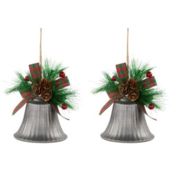 Northlight Bells With Pine Sprigs And Plaid Bow Christmas Ornaments - 7" - Silver - Set Of 2 -Christmas Decor Sale northlight nj96013 02 01867.1721868330