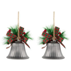 Northlight Bells With Pine Sprigs And Plaid Bow Christmas Ornaments - 7" - Silver - Set Of 2 -Christmas Decor Sale northlight nj96013 05 95288.1721868330