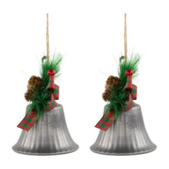 Northlight Bells With Pine Sprigs And Plaid Bow Christmas Ornaments - 7" - Silver - Set Of 2 -Christmas Decor Sale northlight nj96013 06 86616.1721868330