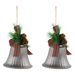 Northlight Bells With Pine Sprigs And Plaid Bow Christmas Ornaments - 7" - Silver - Set Of 2 -Christmas Decor Sale northlight nj96013 07 60643.1721868331