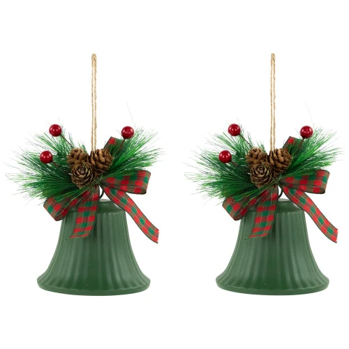 Northlight Christmas Bells With Pinecones And Plaid Bow Ornaments - 7" - Green - Set Of 2 5 Northlight Christmas Bells With Pinecones And Plaid Bow Ornaments - 7" - Green - Set Of 2 - Image 3