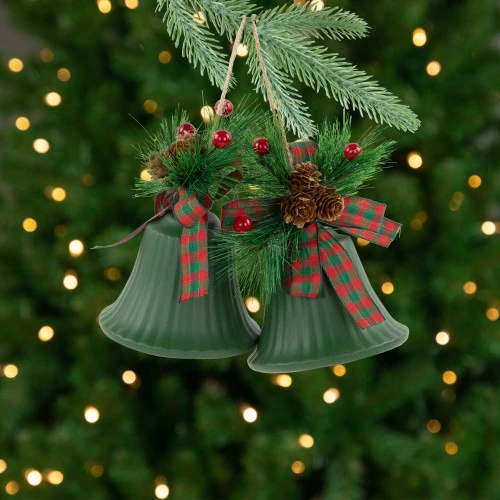 Northlight Christmas Bells With Pinecones And Plaid Bow Ornaments - 7" - Green - Set Of 2 3 Northlight Christmas Bells With Pinecones And Plaid Bow Ornaments - 7" - Green - Set Of 2