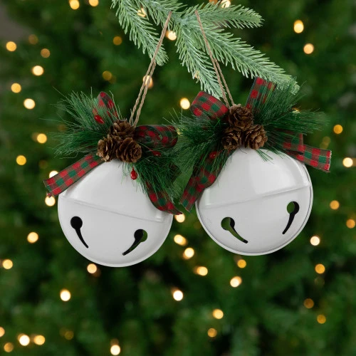 Northlight Jingle Bells With Bow And Pinecones Christmas Disc Ornaments - White - 5" - Set Of 2 3 Northlight Jingle Bells With Bow And Pinecones Christmas Disc Ornaments - White - 5" - Set Of 2