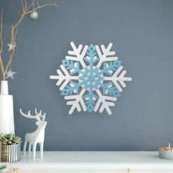 Northlight Snowflake Wooden Christmas Wall Decoration - 11.75" - White And Blue