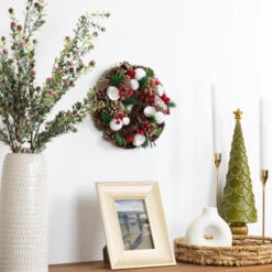 Northlight White Wooden Rose, Pine Cone And Berry Artificial Christmas Wreath, 10-Inch, Unlit -Christmas Decor Sale northlight sh36203 styled 08684.1699981068