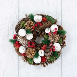 Northlight White Wooden Rose, Pine Cone And Berry Artificial Christmas Wreath, 10-Inch, Unlit -Christmas Decor Sale northlight sh36203 woodfloor 22374.1700759449