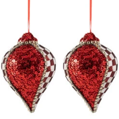Northlight Sequined And Checkered Teardrop Christmas Ornaments - 4.75" - Red - Set Of 2 -Christmas Decor Sale northlight sh96075 0220comp 77313.1727144672