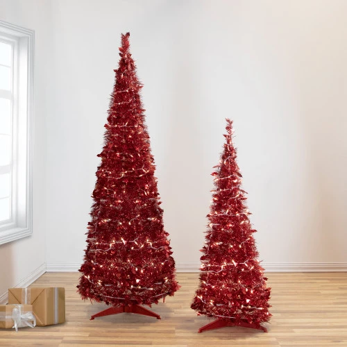 Northlight 6' Pre-Lit Red Tinsel Pop-Up Artificial Christmas Tree - Clear Lights 4 Northlight 6' Pre-Lit Red Tinsel Pop-Up Artificial Christmas Tree - Clear Lights - Image 2