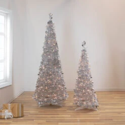 Northlight 6' Pre-Lit Silver Tinsel Pop-Up Artificial Christmas Tree - Clear Lights -Christmas Decor Sale northlight sm92156 style 47353.1647999106