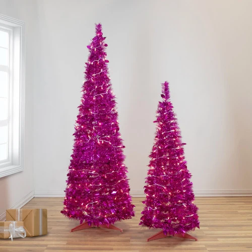 Northlight 6' Pre-Lit Pink Tinsel Pop-Up Artificial Christmas Tree, Clear Lights 4 Northlight 6' Pre-Lit Pink Tinsel Pop-Up Artificial Christmas Tree, Clear Lights - Image 2