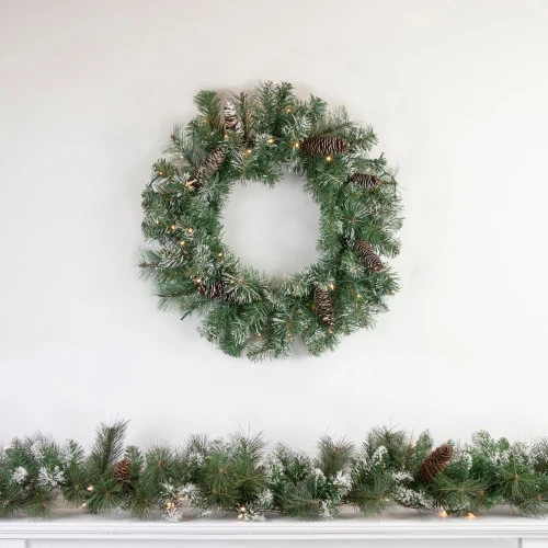 Northlight Pre-Lit Battery Operated Frosted Pine Christmas Wreath - 24" - Warm White LED Lights 4 Northlight Pre-Lit Battery Operated Frosted Pine Christmas Wreath - 24" - Warm White LED Lights - Image 2