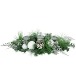 Northlight 30" Green Pine And Needle Triple Candle Holder With Pinecones And Christmas Ornaments