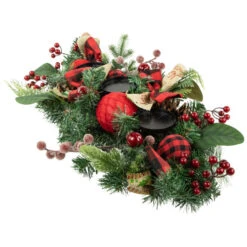 Northlight Pine And Berries Triple Candle Holder With Plaid Bows And Christmas Ornaments - 30" -Christmas Decor Sale northlight sm94097 3 79770.1664379080