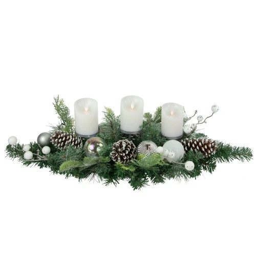 Northlight Pine And Berries Triple Candle Holder With Iridescent Christmas Ornaments - 32" 5 Northlight Pine And Berries Triple Candle Holder With Iridescent Christmas Ornaments - 32" - Image 3