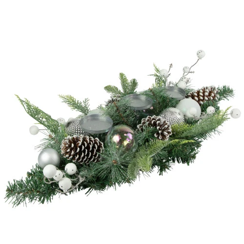 Northlight Pine And Berries Triple Candle Holder With Iridescent Christmas Ornaments - 32" 6 Northlight Pine And Berries Triple Candle Holder With Iridescent Christmas Ornaments - 32" - Image 4