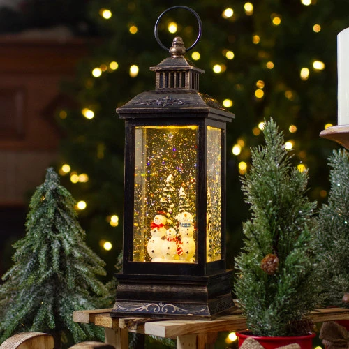 LED Snowman Family Brushed Christmas Lantern Snow Globe - 11" - Black And Gold 4 LED Snowman Family Brushed Christmas Lantern Snow Globe - 11" - Black And Gold - Image 2