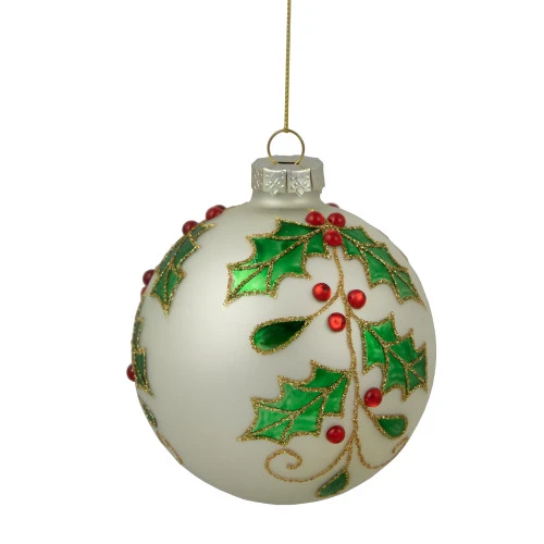 4.5" White Glass Christmas Ball Ornament With Holly Leaves 5 4.5" White Glass Christmas Ball Ornament With Holly Leaves - Image 3
